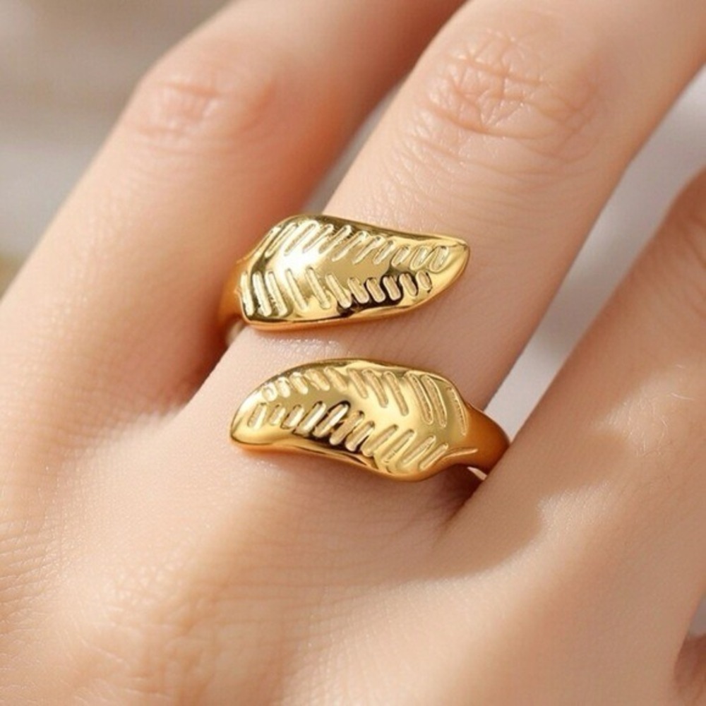Gold Tone Leaf Wrap Ring Adjustable Open Design Stainless Steel Jewelry